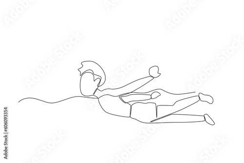 A boy is swimming breaststroke on the beach. Swimming in beach one-line drawing