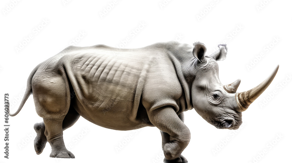 Fototapeta premium a Rhinoceros, running and walking, impressive beast, Nature-themed, photorealistic illustrations in a PNG. cutout, isolated. Generative AI