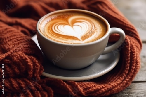 Coffee latte with heart shape milk foam, hot chocolate or cappuccino closeup, Generative AI