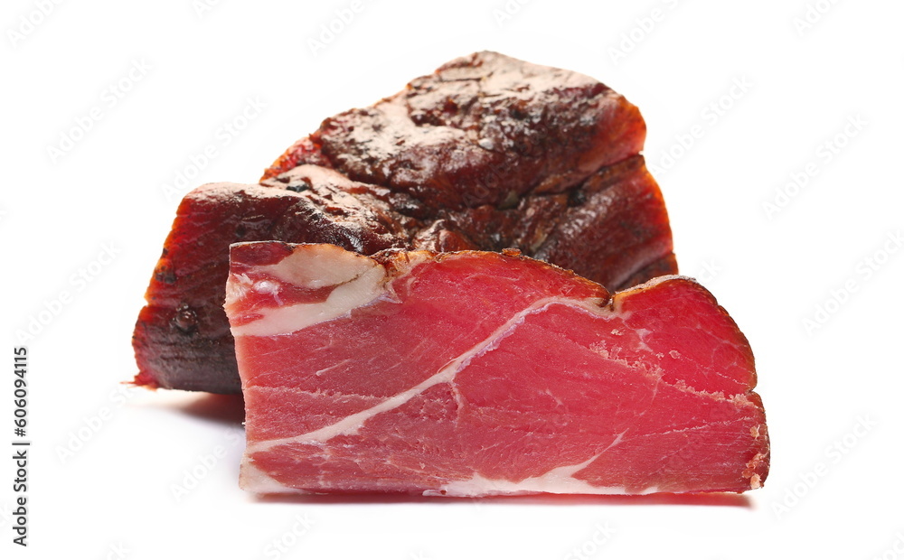 Smoked dry ham, pork chop isolated on white, side view Smoked dry ham, pork chop isolated on white, side view