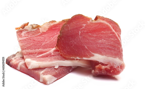 Smoked dry ham, pork chop isolated on white, side view