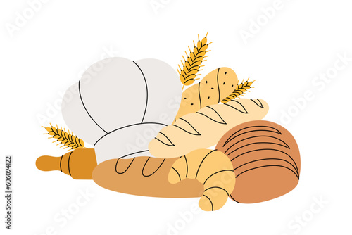 Bakery sketch. Bread house. Bakery collection. Wheat bread, pretzel, ciabatta, croissant, french baguette.