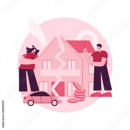 Property division abstract concept vector illustration. Divorce property agreement, division between spouses, separation process, lawyer service, legal equitable distribution abstract metaphor.