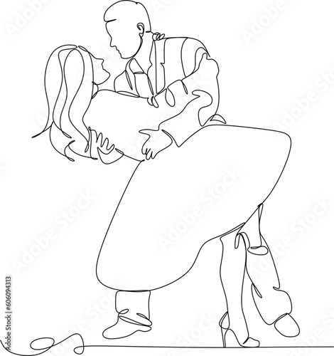 Single one line drawing happy cute married man and woman dancing on the floor at party park. Romantic young wedding couple holding hands and spinning around. Continuous line draw design graphic vector
