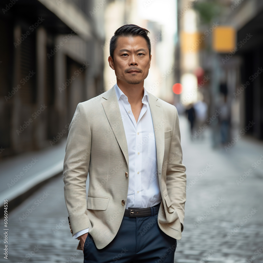 Asian man wearing a light grey blazer is photographed in an urban setting, generative AI, AI generated Asian man wearing a light grey blazer is photographed in an urban setting, generative AI, AI generated