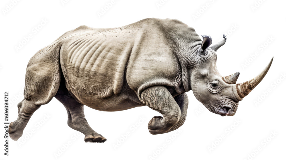 Obraz premium a Rhinoceros, running and walking, impressive beast, Nature-themed, photorealistic illustrations in a PNG. cutout, isolated. Generative AI