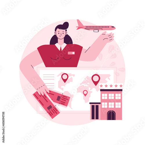 Travel agent abstract concept vector illustration. Tourist agency, holiday travel planning, flight search, all-inclusive hotel booking online, service fee, make reservation, abstract metaphor.