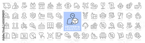 Delivery and Shipping 60 line icons set. Logistics icon collection. Courier, Shopping, Delivery, Parcel, Tracking. Full Vector illustrations