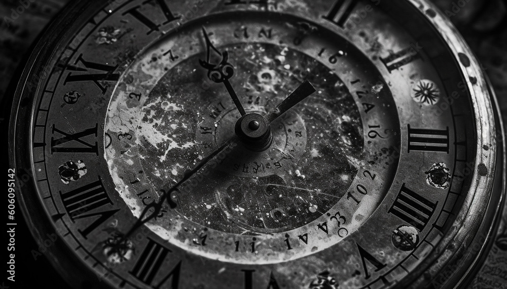 Antique clock face, minute hand, black and white generated by AI