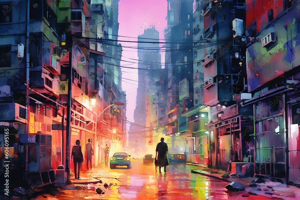 Futuristic city streets colourful cyberpunk watercolour landscape