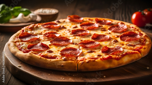 Circle pepperoni pizza with mozzarella cheese and onion on wooden table Generative AI