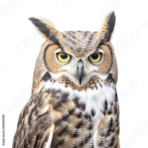 a Great-Horned Owl portrait  a nocturnal bird of prey  piercing eyes  Nature-themed  photorealistic illustrations in a PNG  cutout  and isolated. Generative AI