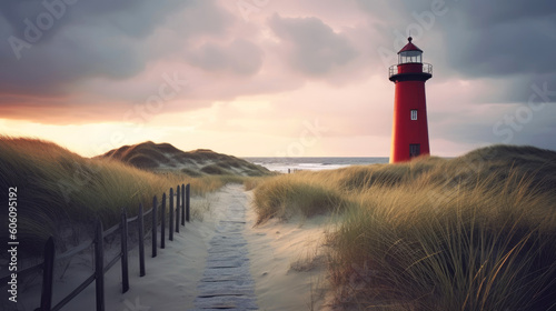 Lighthouse near the North Sea coast. Generative AI © piai