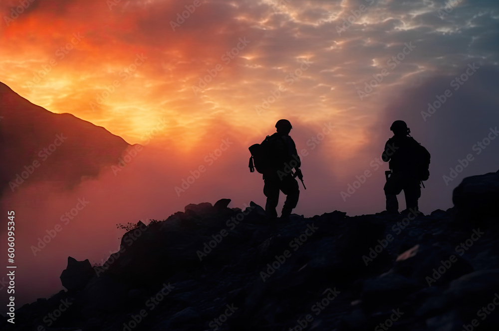 Two Army Soldiers Silhouettes in Action Against the Sunset on Hill. Generative AI.