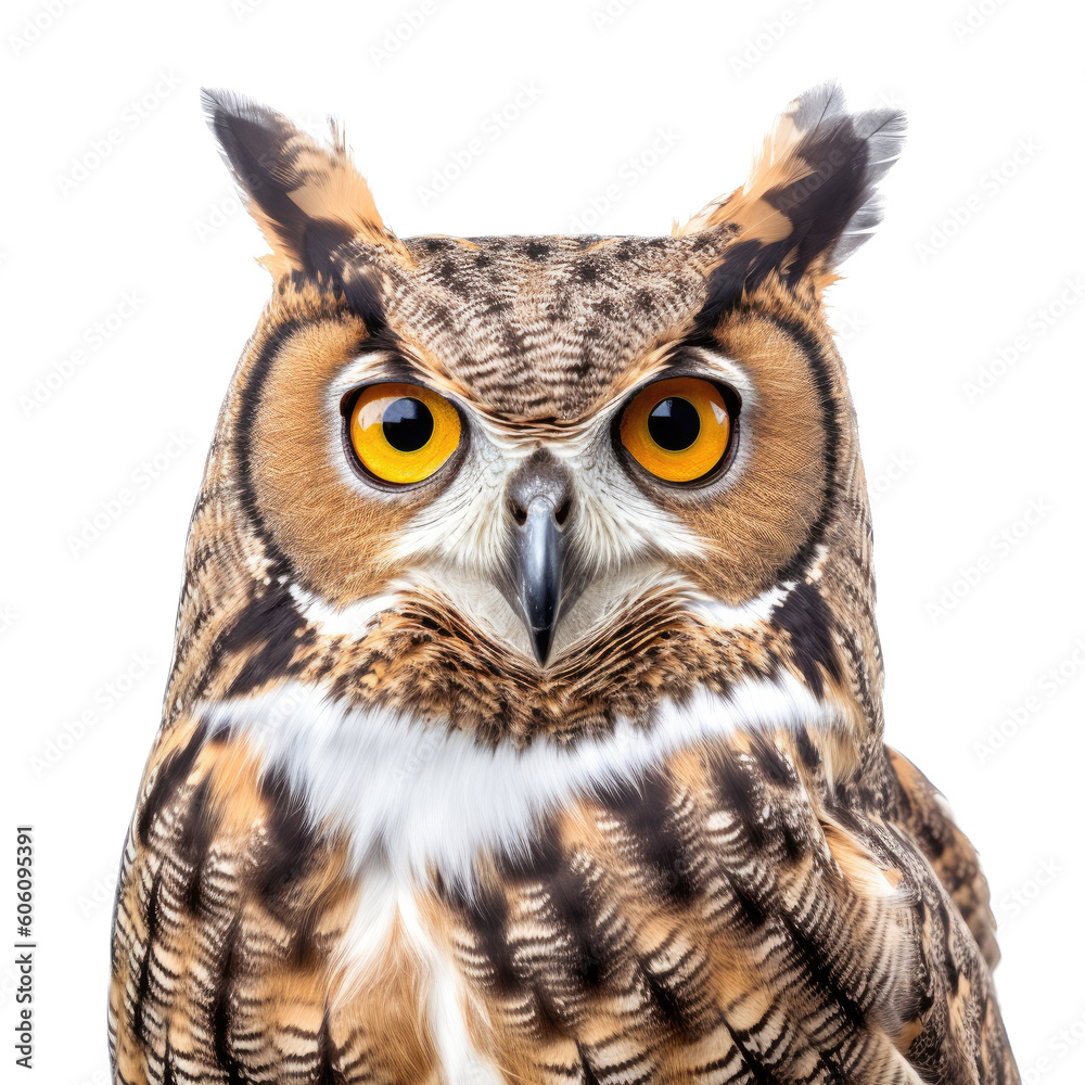 Obraz premium a Great-Horned Owl portrait, a nocturnal bird of prey, piercing eyes, Nature-themed, photorealistic illustrations in a PNG, cutout, and isolated. Generative AI