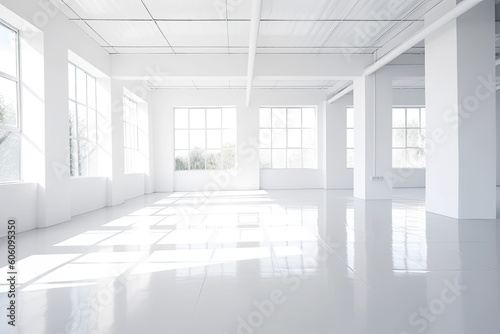 Empty White Sunny Modern Office Interior. AI generative.