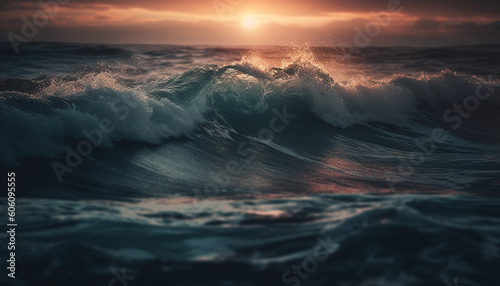 Sunset surf splashing on the coastline horizon generated by AI