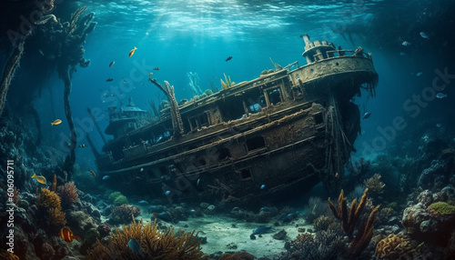Diving into blue sea  exploring shipwreck beauty generated by AI