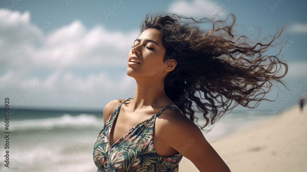 A young hispanic girl wearing a stylish sundress, stands on a sandy beach - generative AI, AI generated