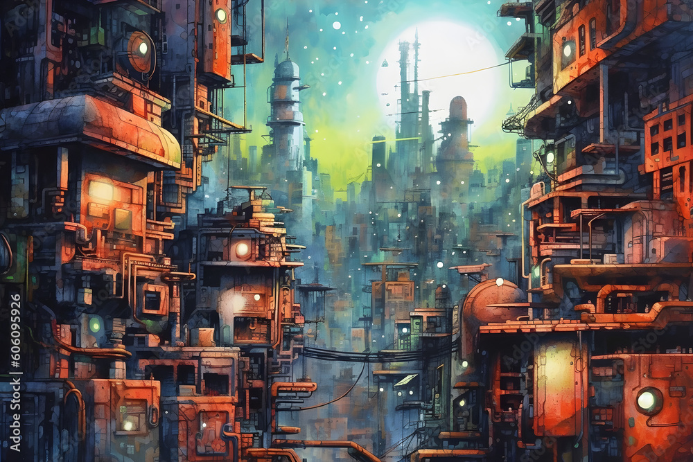 Futuristic city cyberpunk watercolour skyline landscape