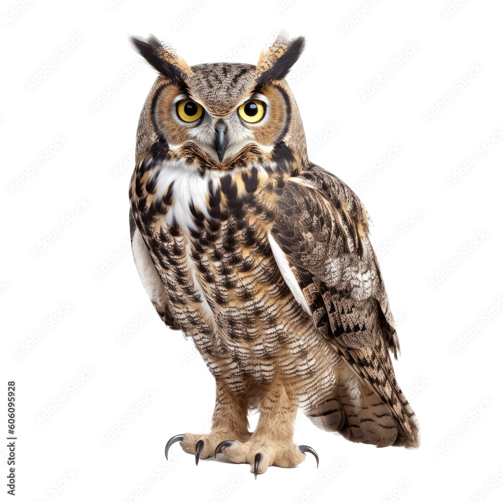 Naklejka premium a Great-Horned Owl sitting, full body portrait, a nocturnal bird of prey, piercing eyes, Nature-themed, photorealistic illustrations in a PNG, cutout, and isolated. Generative AI