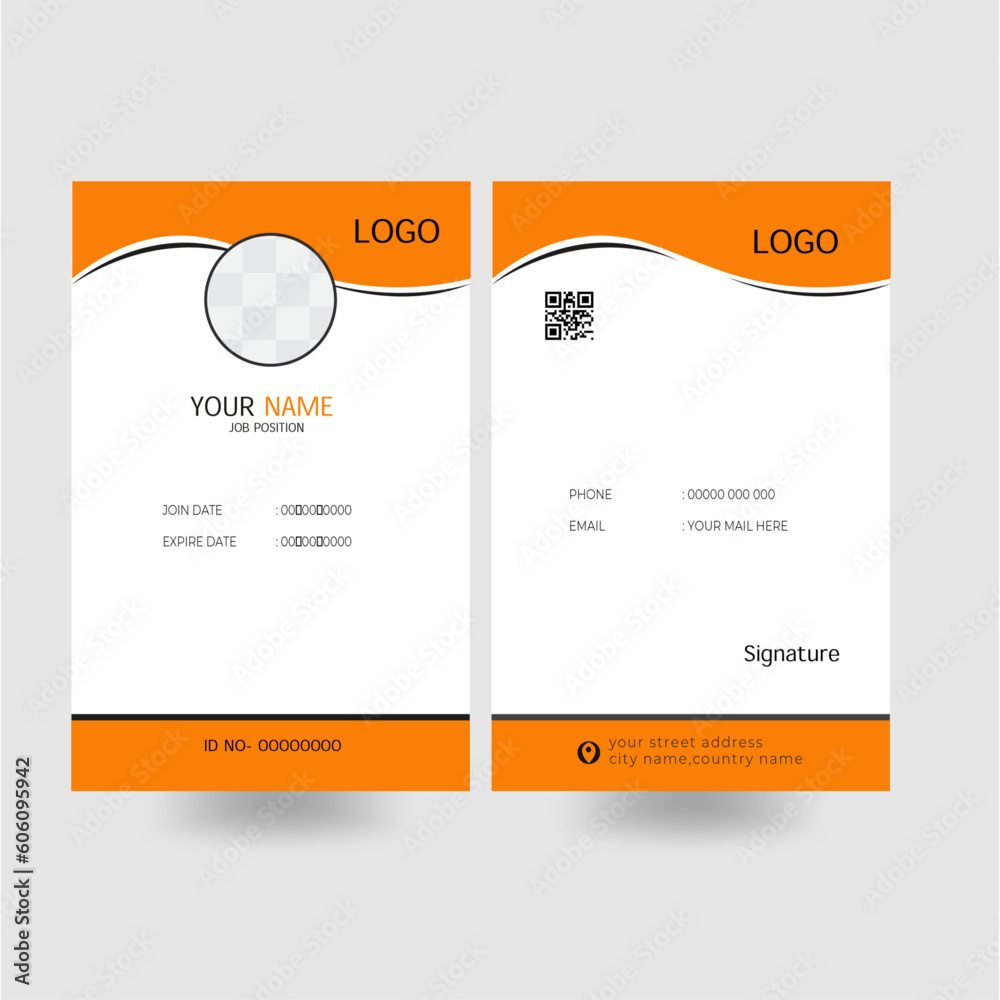 Orange color corporate company office Id card design template. Identity badge with photo placeholder. Illustrator.