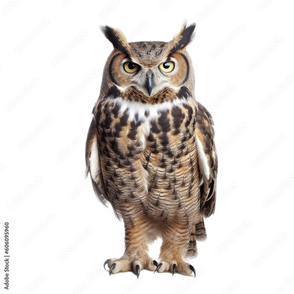 Obraz premium a Great-Horned Owl sitting, full body portrait, a nocturnal bird of prey, piercing eyes, Nature-themed, photorealistic illustrations in a PNG, cutout, and isolated. Generative AI