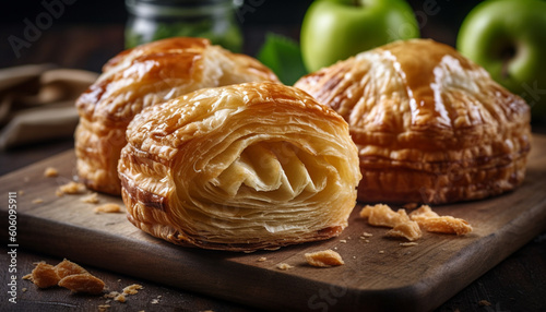 Freshly baked sweet apple strudel on rustic wood generated by AI photo