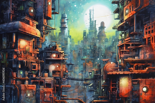 Futuristic city cyberpunk watercolour skyline landscape