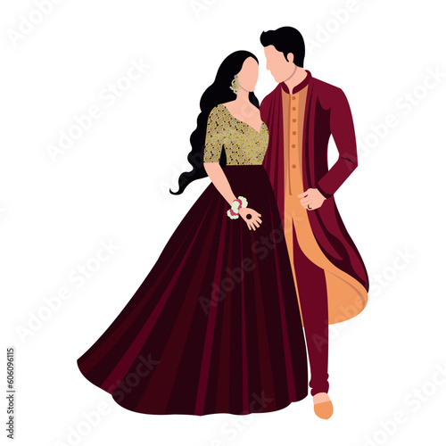Vector vector cute indian couple cartoon in traditional dress posing for wedding invitation card design 