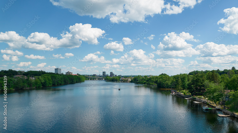 Manchester, New Hampshire landscape with river and sky