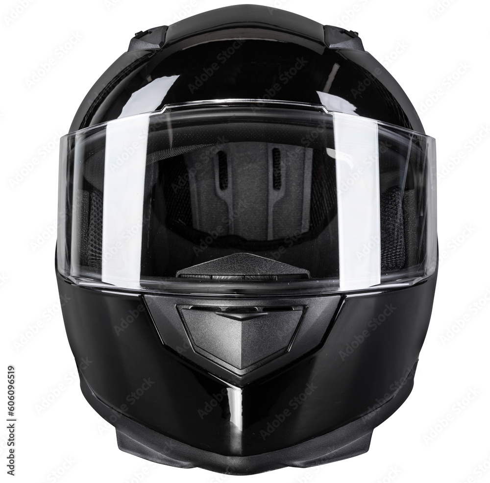 front view of black motorcycle carbon integral crash helmet isolated white background. motorsport car kart racing transportation safety concept - obrazy, fototapety, plakaty 