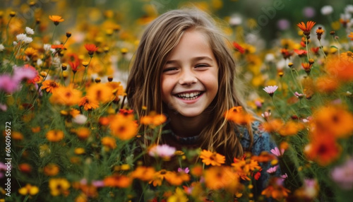 Cute Caucasian girl enjoys playful meadow fun generated by AI
