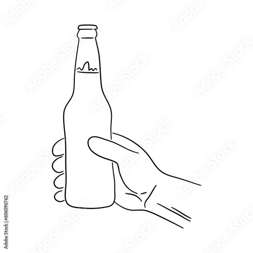 Hand holding a bottle beer in doodle style. Icons sketch hand made. Vector.