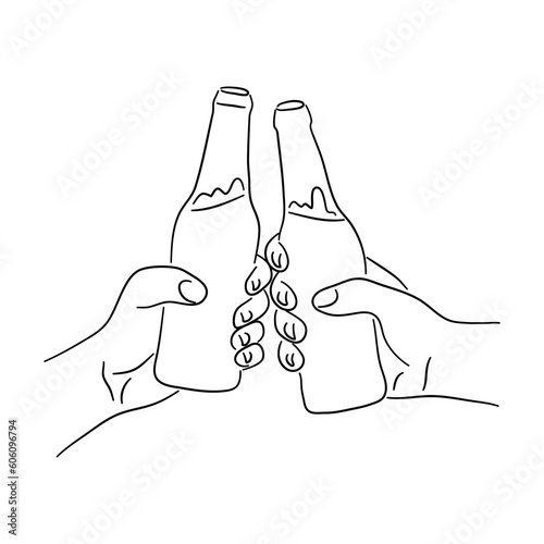 Hands holding beer bottle in sketch style. Cheers concept. Vector.