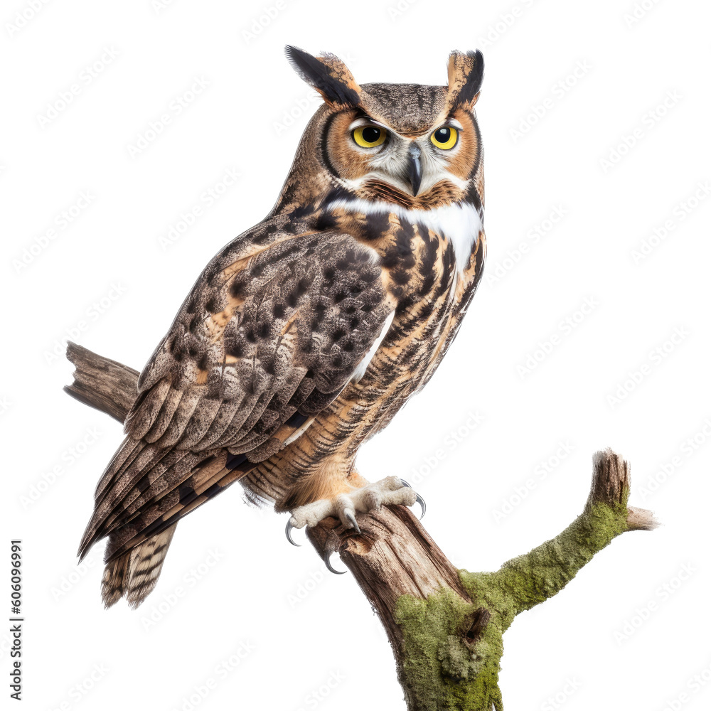 a Great-Horned Owl sitting, full body portrait, a nocturnal bird of prey, piercing eyes, Nature-themed, photorealistic illustrations in a PNG, cutout, and isolated. Generative AI a Great-Horned Owl sitting, full body portrait, a nocturnal bird of prey, piercing eyes, Nature-themed, photorealistic illustrations in a PNG, cutout, and isolated. Generative AI