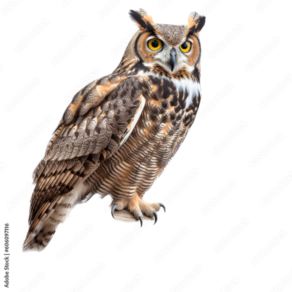 Obraz premium a Great-Horned Owl sitting, full body portrait, a nocturnal bird of prey, piercing eyes, Nature-themed, photorealistic illustrations in a PNG, cutout, and isolated. Generative AI