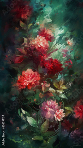 Phone wallpaper revealing red flowers in red and green colors. Generative AI Image