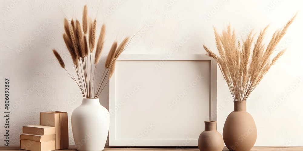 Minimal wooden picture poster frame mockup on white wallpaper, ai generative