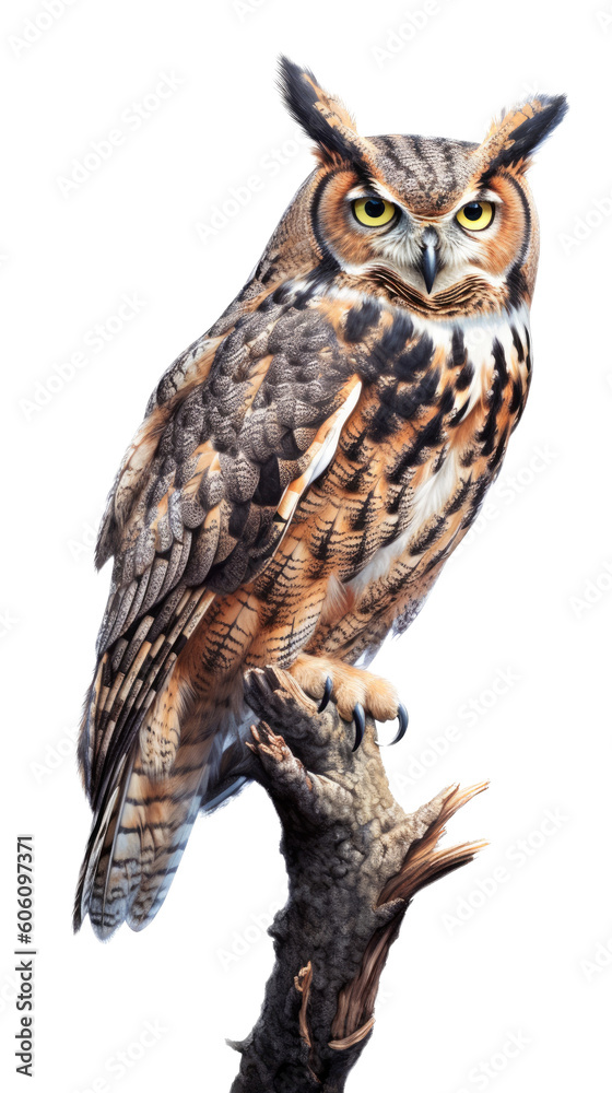 a Great-Horned Owl sitting, full body portrait, a nocturnal bird of prey, piercing eyes, Nature-themed, photorealistic illustrations in a PNG, cutout, and isolated. Generative AI a Great-Horned Owl sitting, full body portrait, a nocturnal bird of prey, piercing eyes, Nature-themed, photorealistic illustrations in a PNG, cutout, and isolated. Generative AI