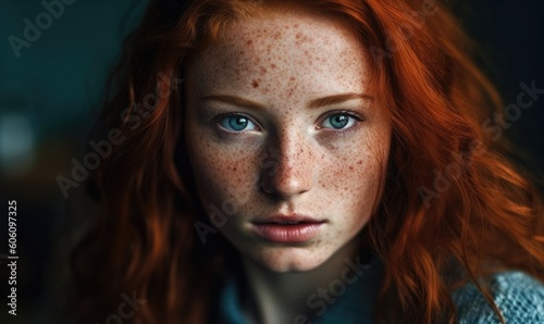 Beautiful red haired irish girl with blu eyes, red hair and lots of freckles, generative AI