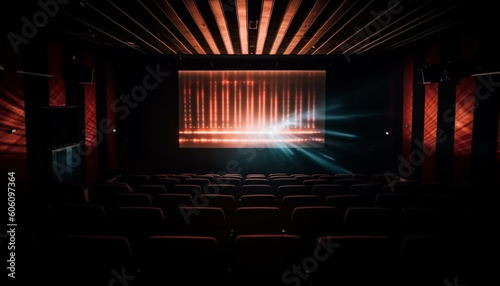 Spotlight illuminates empty stage in modern theater generated by AI