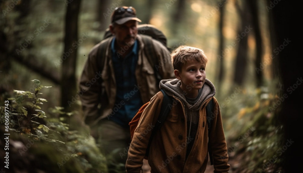 Father and son hiking, enjoying nature together generated by AI