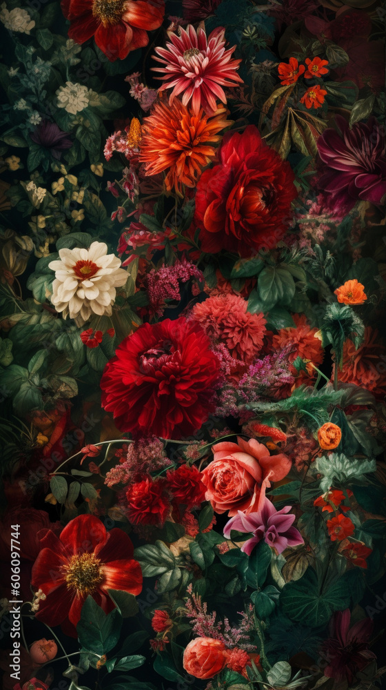 Phone wallpaper revealing red flowers in red and green colors. Generative AI Image Phone wallpaper revealing red flowers in red and green colors. Generative AI Image
