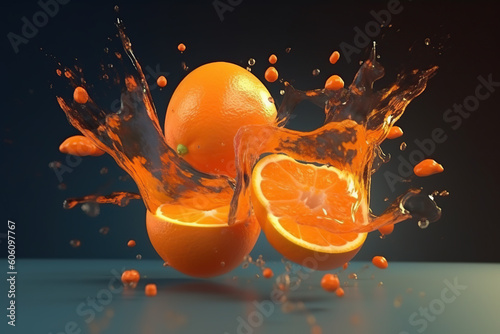 Concepto de comida y bebida saludable. Diseño artístico con cortes y rodajas de naranja. Explosión de zumo y salpicaduras .IA generada.
