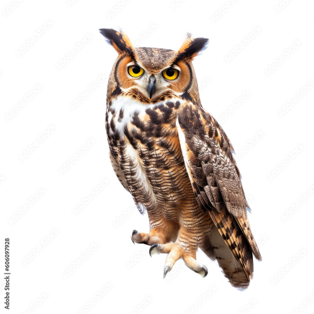 a Great-Horned Owl sitting, full body portrait, a nocturnal bird of prey, piercing eyes, Nature-themed, photorealistic illustrations in a PNG, cutout, and isolated. Generative AI a Great-Horned Owl sitting, full body portrait, a nocturnal bird of prey, piercing eyes, Nature-themed, photorealistic illustrations in a PNG, cutout, and isolated. Generative AI