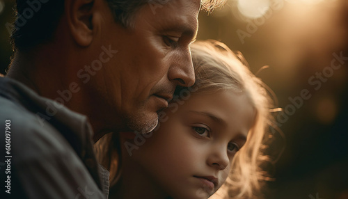 Father and son embrace in nature sunset generated by AI