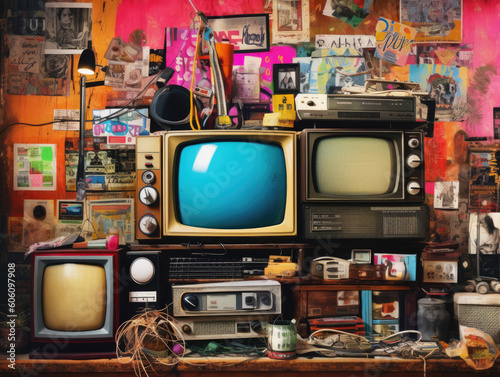 Collage of retro-inspired elements and symbols, such as cassette tapes, old televisions, and neon signs, arranged in an active and energetic manner, evoking a sense of nostalgia and vintage charm in a