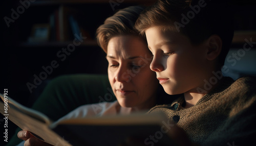 Two boys studying together on digital tablet generated by AI