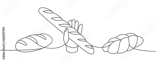 Set of bakery products one line continuous drawing. Wheat bread, challah, braided bread continuous one line illustration. Vector linear illustration.